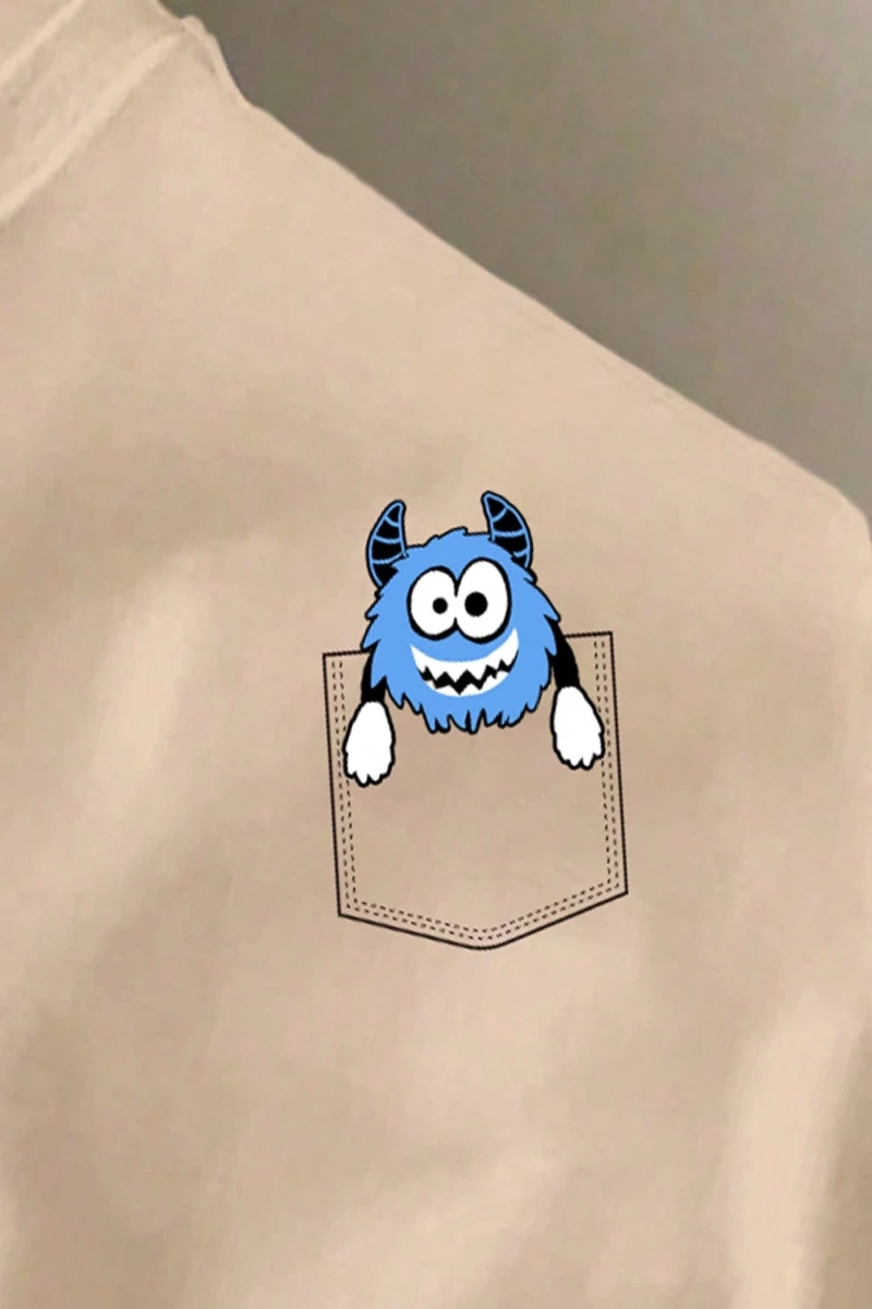Erkek Günlük Karikatür Baskılı Siyah Yuvarlak Yaka Kısa Kollu Tişört