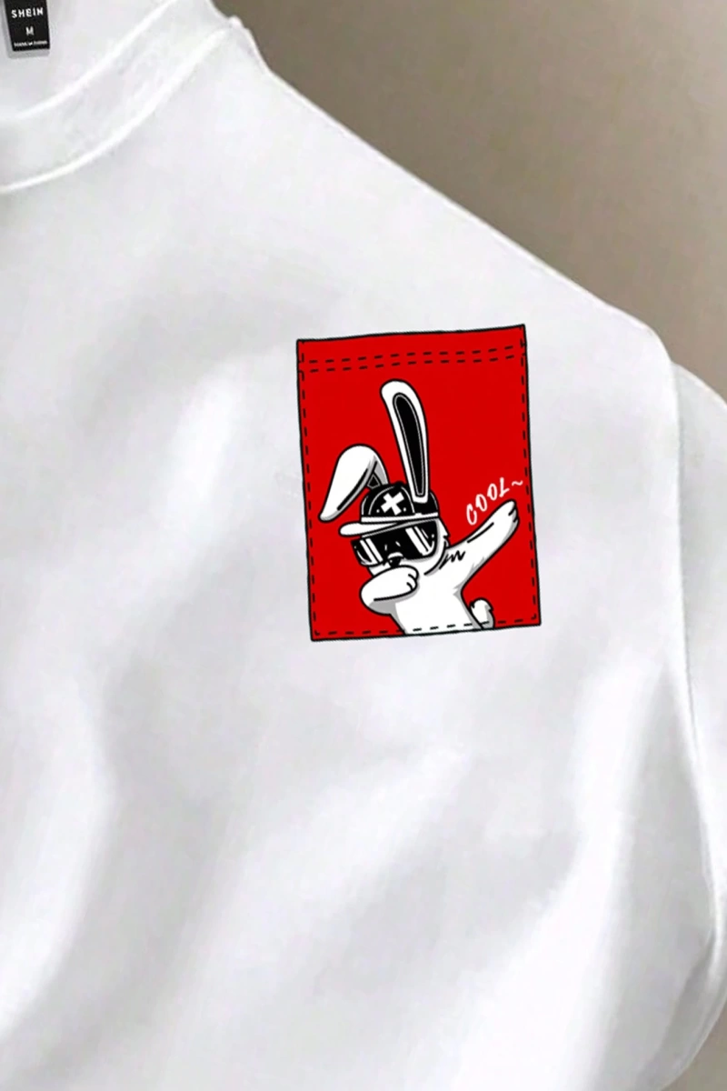 Erkek Günlük Karikatür Baskılı Siyah Yuvarlak Yaka Kısa Kollu Tişört