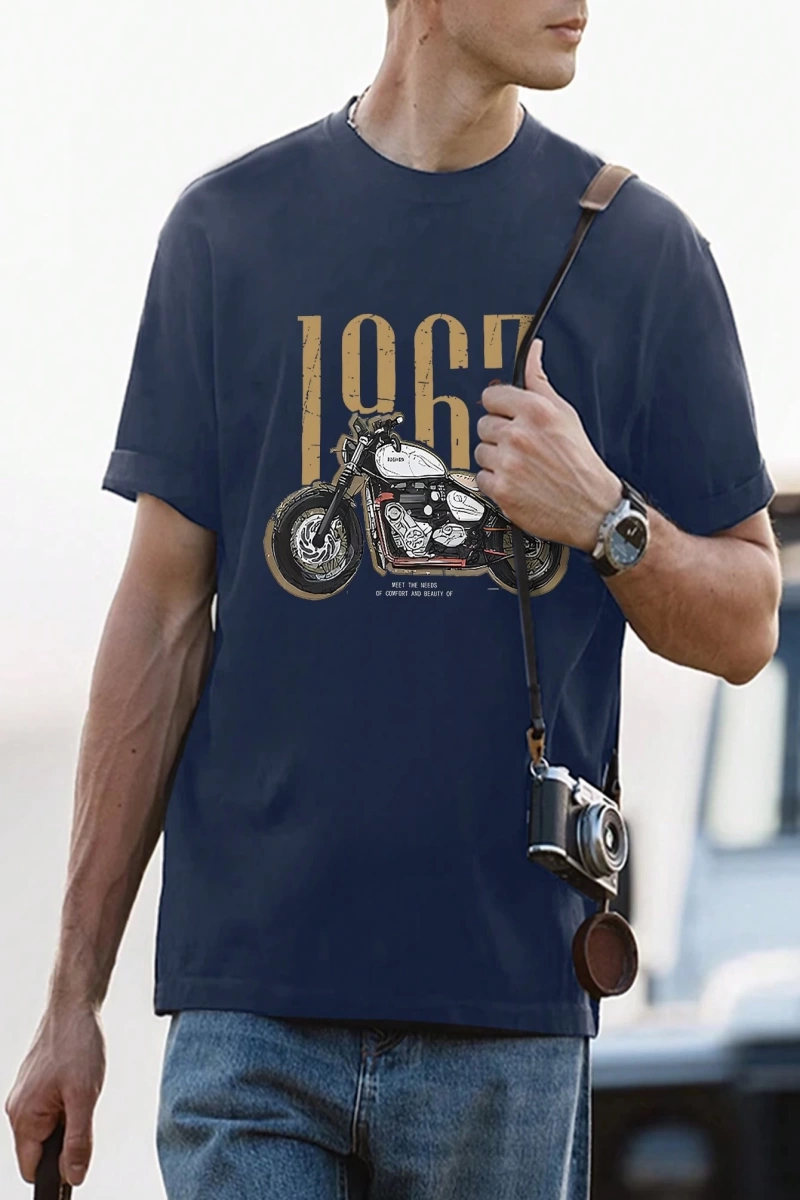 Erkek Günlük Motosiklet Baskılı Kısa Kollu Tişört