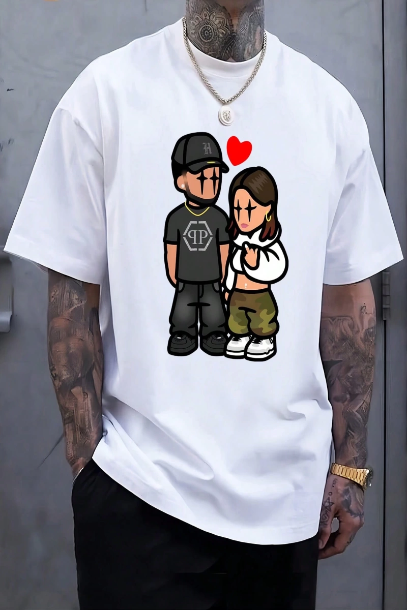 Erkek Günlük Şık Hip Hop Çiftler Grafik Kısa Kollu Tişört, Yaz