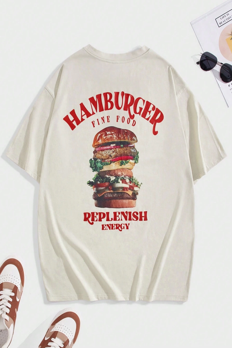 Erkek Hamburger & Harf Grafikli Düşük Omuzlu Büyük Boy Tişört