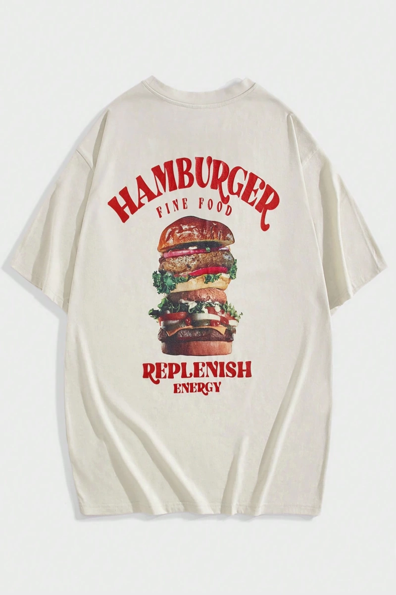 Erkek Hamburger & Harf Grafikli Düşük Omuzlu Büyük Boy Tişört