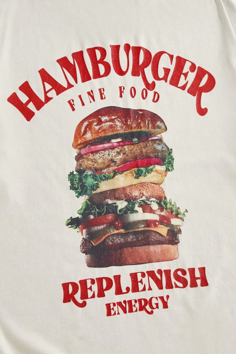 Erkek Hamburger & Harf Grafikli Düşük Omuzlu Büyük Boy Tişört
