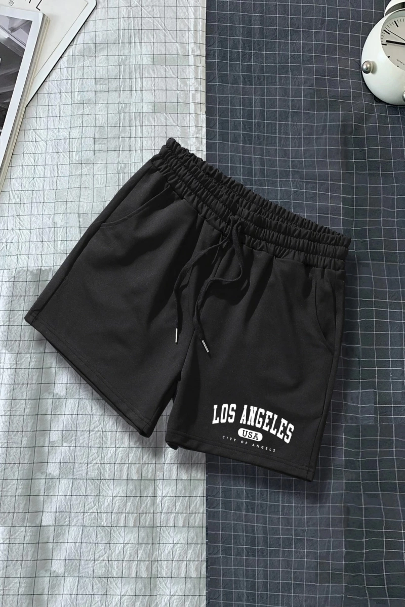 Erkek Harfli Grafik Bağcıklı Bel Şort Ter Los Angeles Egzersizi Baba Ve Be