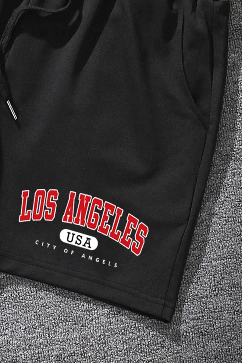 Erkek Harfli Grafik Bağcıklı Bel Şort Ter Los Angeles Egzersizi Baba Ve Be