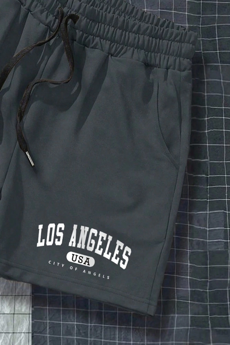 Erkek Harfli Grafik Bağcıklı Bel Şort Ter Los Angeles Egzersizi Baba Ve Be