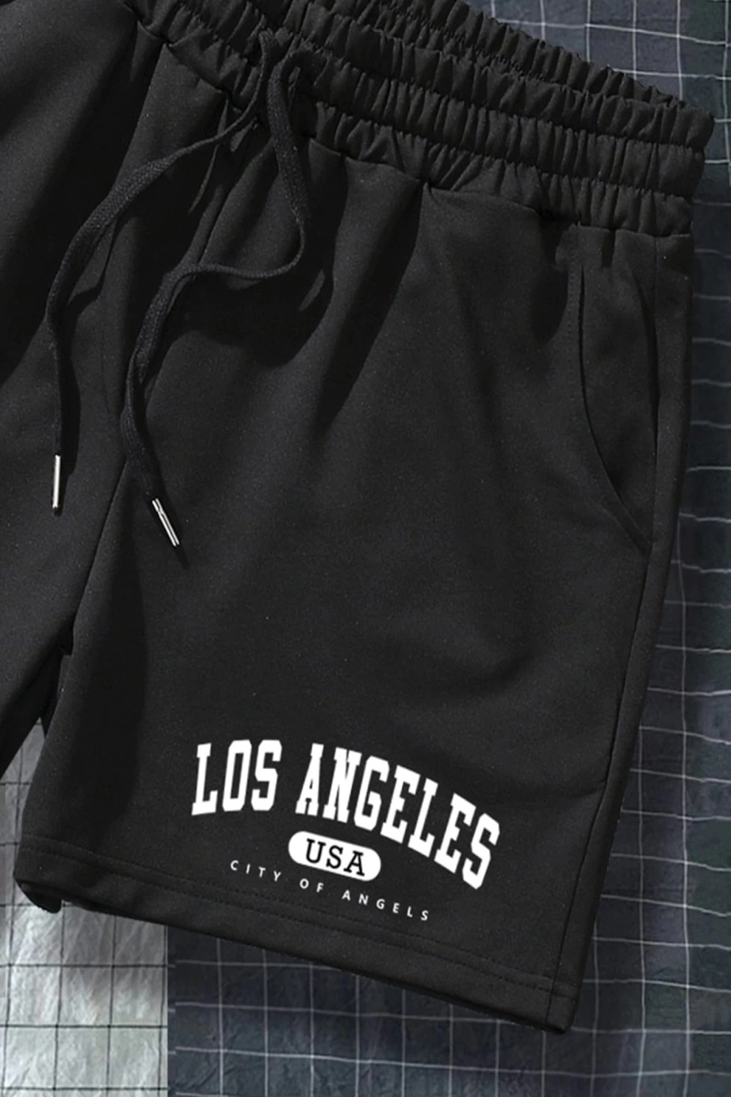 Erkek Harfli Grafik Bağcıklı Bel Şort Ter Los Angeles Egzersizi Baba Ve Be