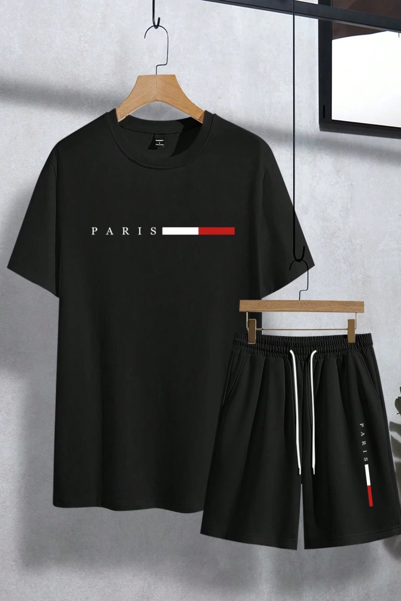 Erkek Harfli Grafik Baskılı Yuvarlak Yaka Kısa Kollu Rahat Tişört Ve Bağcıklı