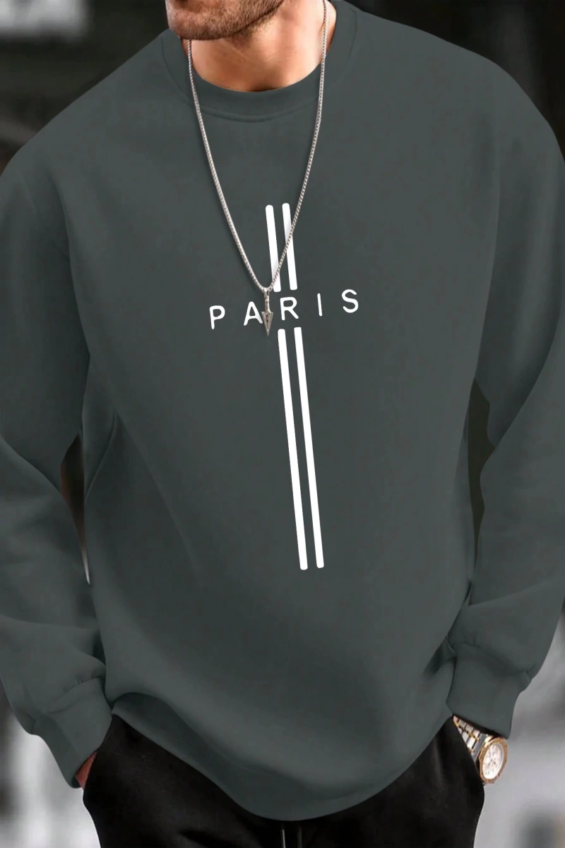 Erkek Harfli Grafik Sweatshirt Dışarı Çıkma Mürettebat Yaka Siyah Grafik Uzun