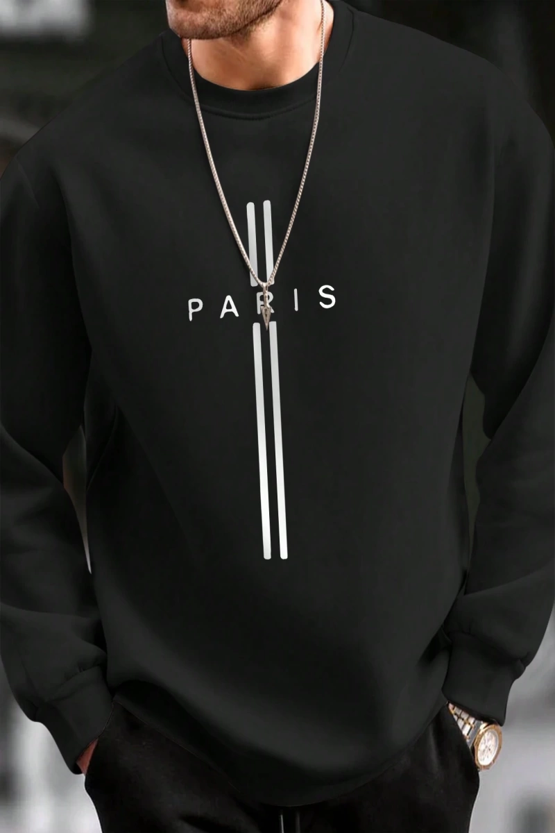 Erkek Harfli Grafik Sweatshirt Dışarı Çıkma Mürettebat Yaka Siyah Grafik Uzun