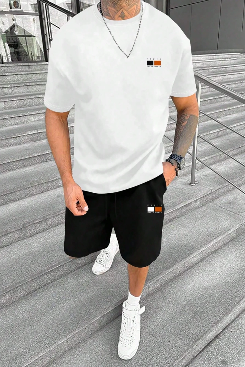 Erkek Harfli Grafik Tişört ve Yaz İçin Bağcıklı Bel Şortu