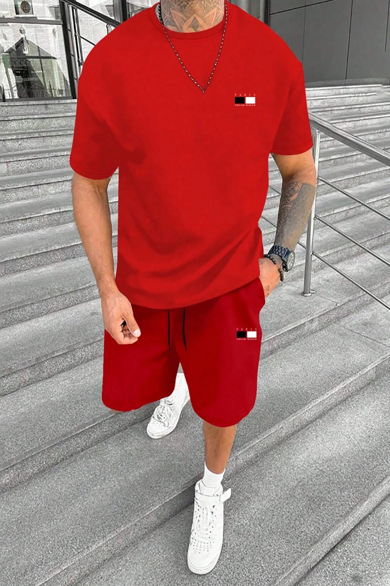 Erkek Harfli Grafik Tişört ve Yaz İçin Bağcıklı Bel Şortu