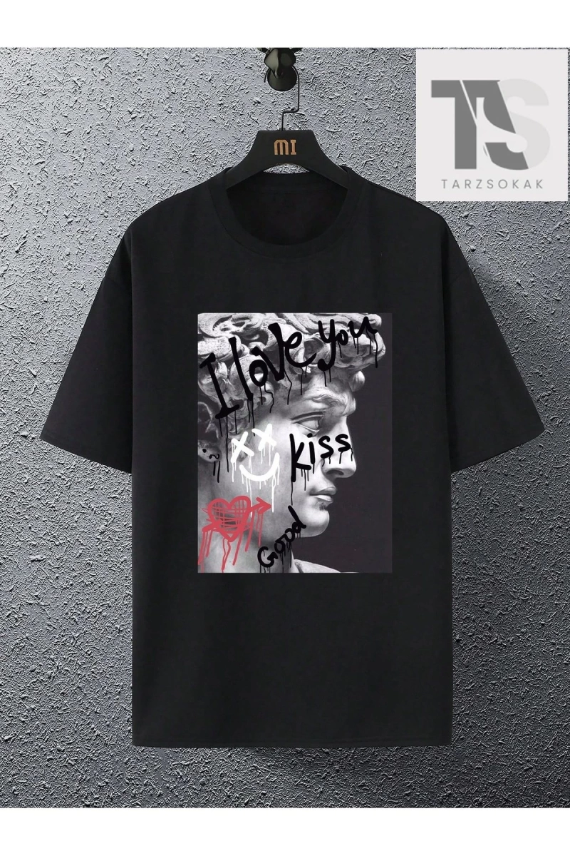 Erkek Heykel Ve Yazı Baskılı T-Shirt