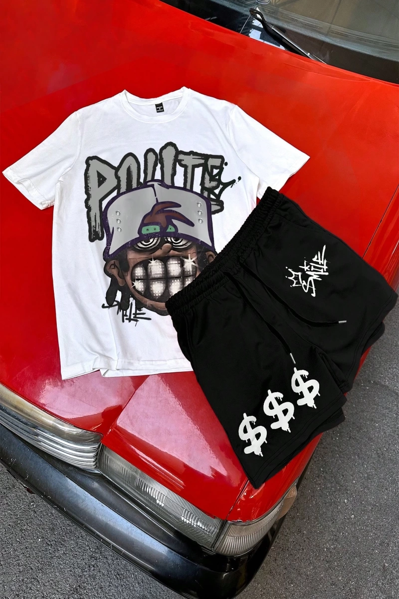Erkek Hip Hop Karakter Portre Baskılı Tişört Ve Kontrast Renkli Bağcıklı Şort