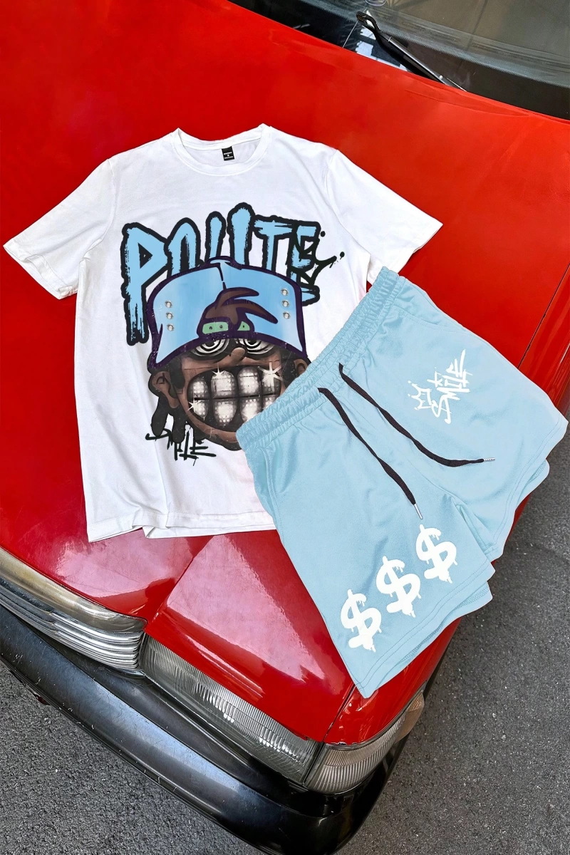Erkek Hip Hop Karakter Portre Baskılı Tişört Ve Kontrast Renkli Bağcıklı Şort