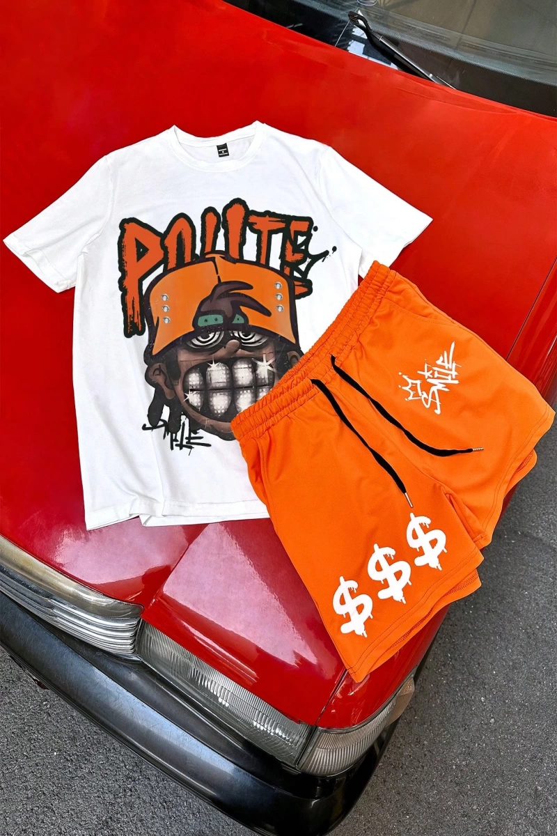Erkek Hip Hop Karakter Portre Baskılı Tişört Ve Kontrast Renkli Bağcıklı Şort