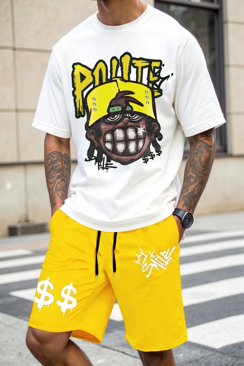 Erkek Hip Hop Karakter Portre Baskılı Tişört Ve Kontrast Renkli Bağcıklı Şort
