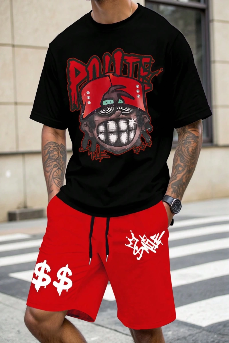 Erkek Hip Hop Karakter Portre Baskılı Tişört Ve Kontrast Renkli Bağcıklı Şort