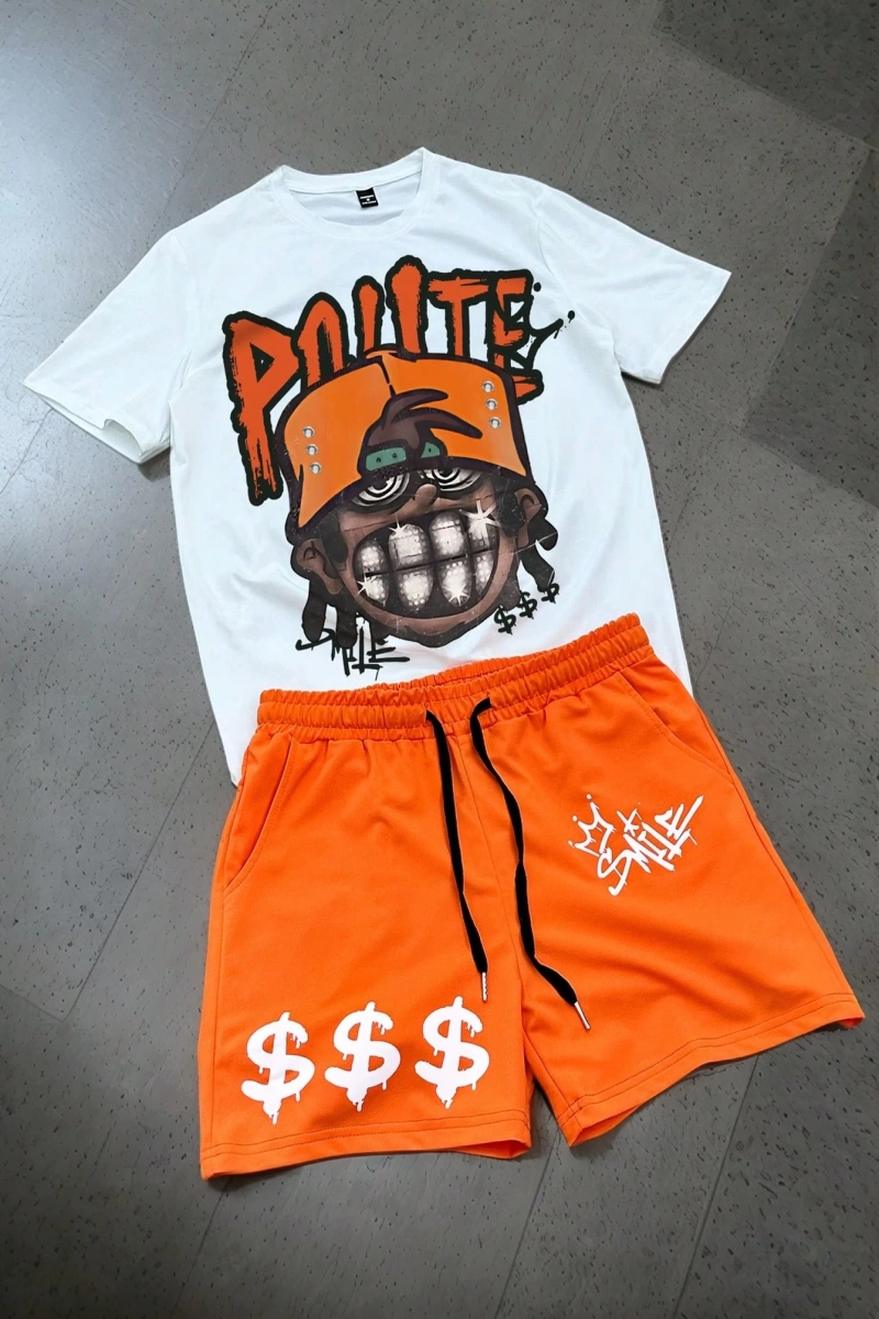 Erkek Hip Hop Karakter Portre Baskılı Tişört Ve Kontrast Renkli Bağcıklı Şort