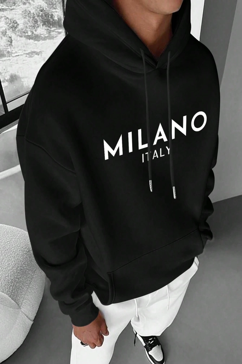 Erkek İtalyan Yaratıcı Baskılı Günlük Çok Yönlü Harfli Kapşonlu Sweatshirt Termal Astarlı