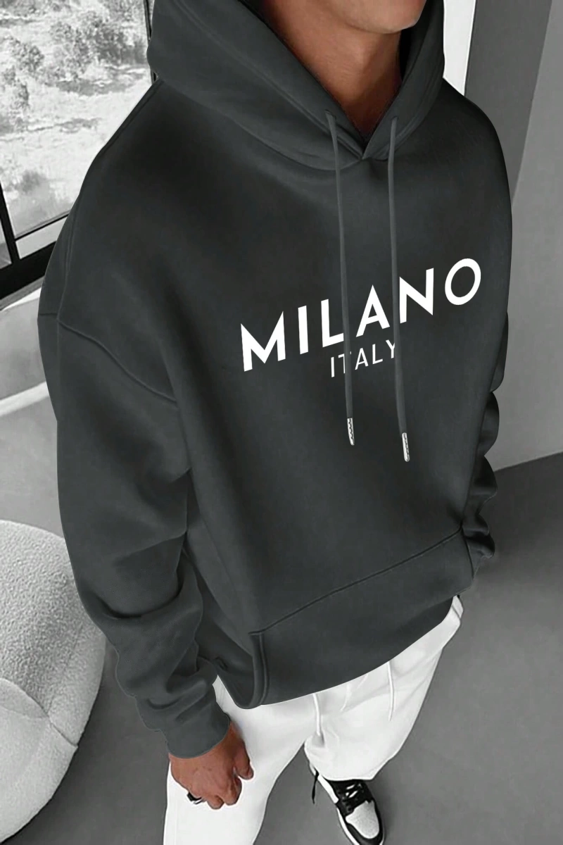 Erkek İtalyan Yaratıcı Baskılı Günlük Çok Yönlü Harfli Kapşonlu Sweatshirt Termal Astarlı