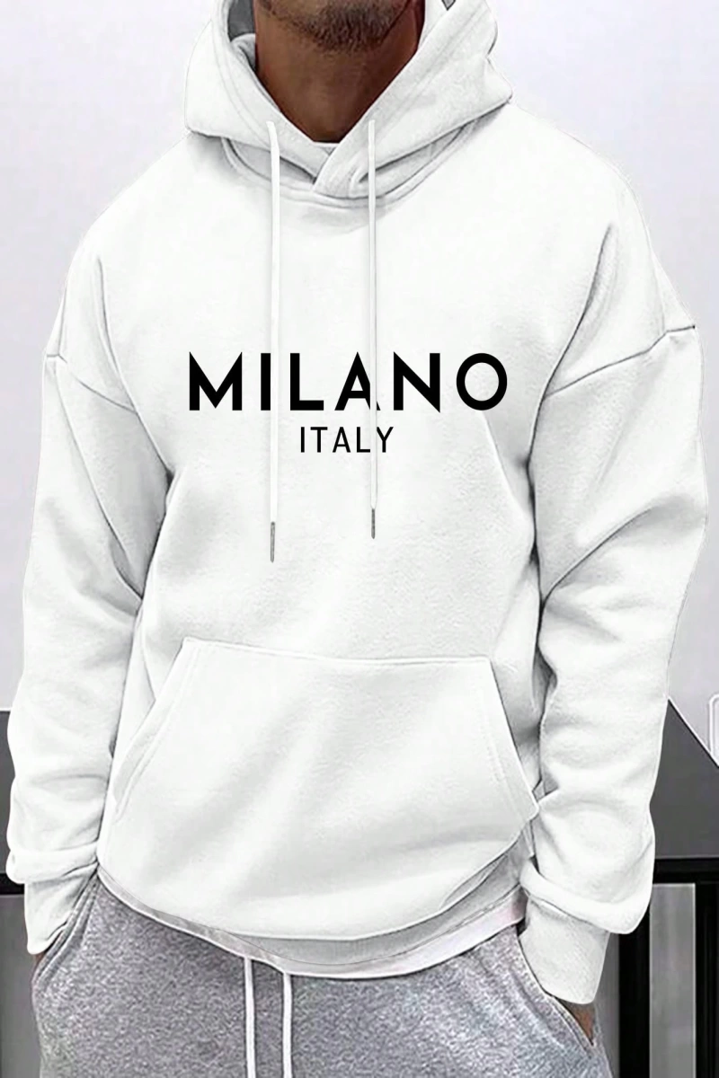 Erkek İtalyan Yaratıcı Baskılı Günlük Çok Yönlü Harfli Kapşonlu Sweatshirt Termal Astarlı