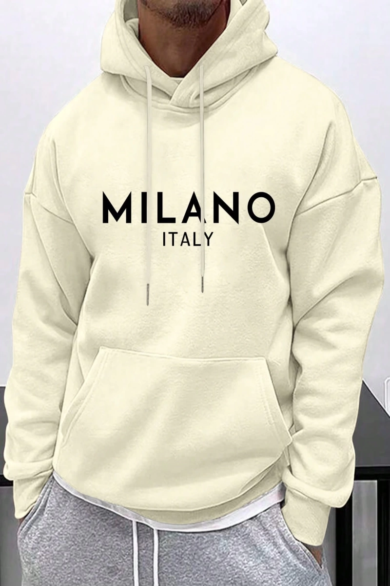 Erkek İtalyan Yaratıcı Baskılı Günlük Çok Yönlü Harfli Kapşonlu Sweatshirt Termal Astarlı