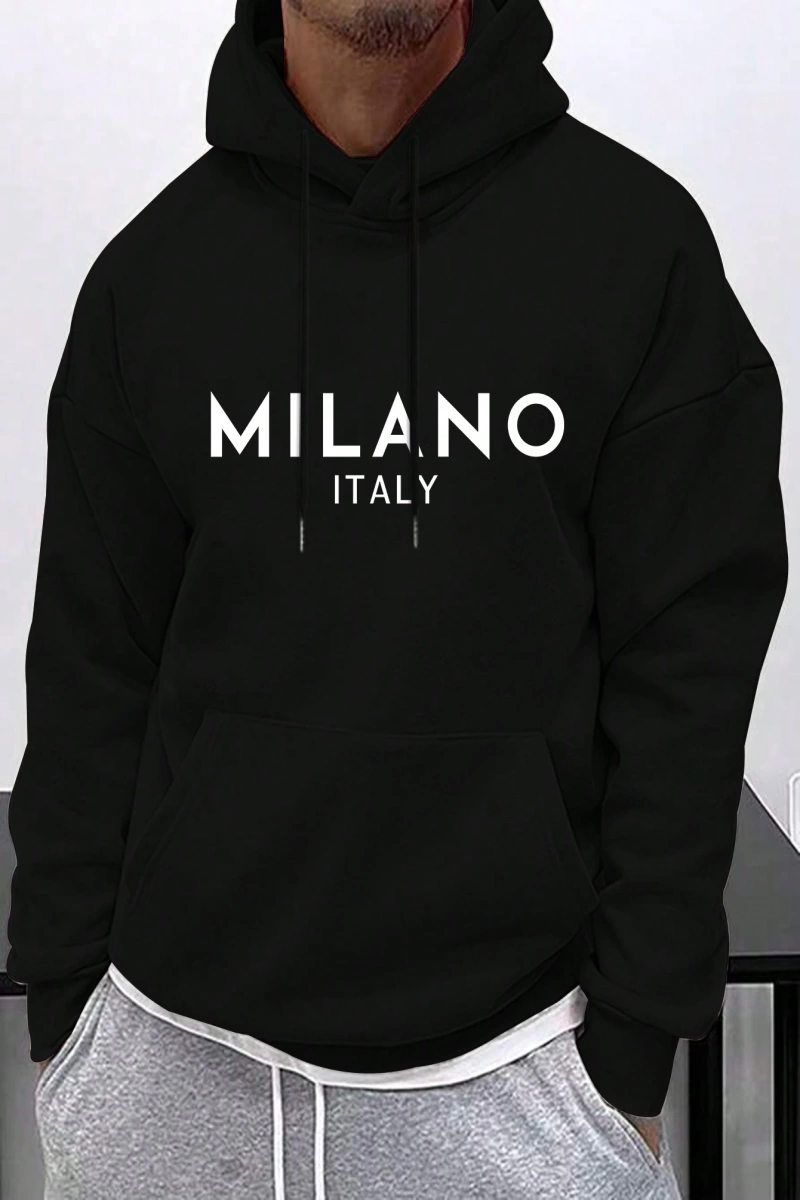 Erkek İtalyan Yaratıcı Baskılı Günlük Çok Yönlü Harfli Kapşonlu Sweatshirt Termal Astarlı