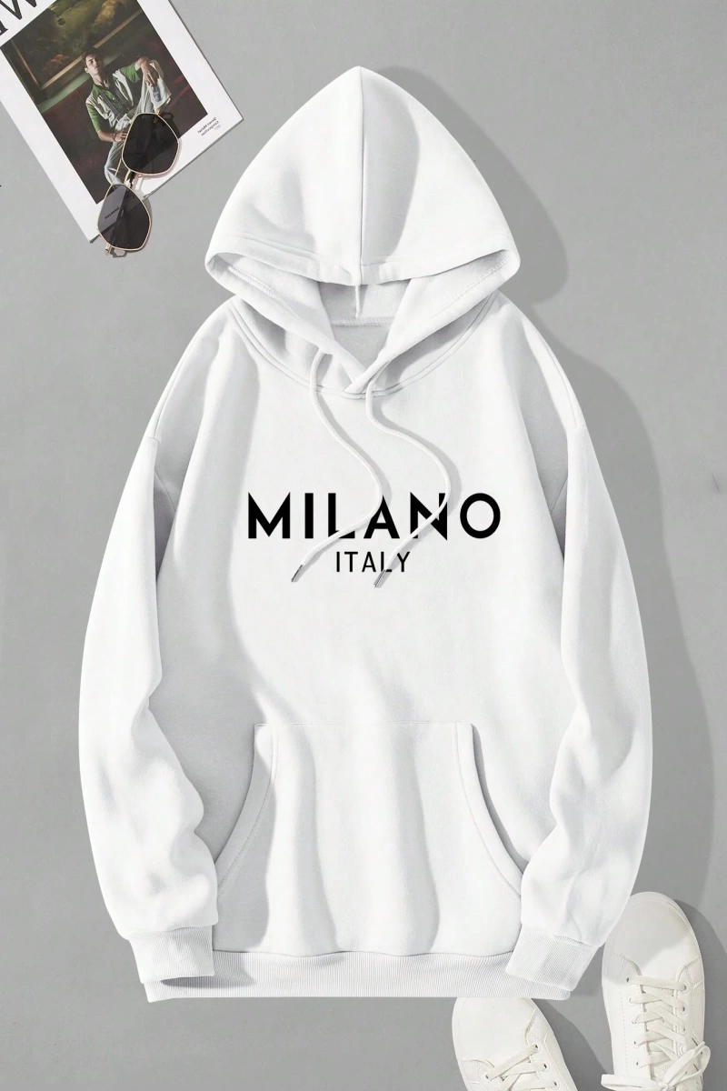 Erkek İtalyan Yaratıcı Baskılı Günlük Çok Yönlü Harfli Kapşonlu Sweatshirt Termal Astarlı