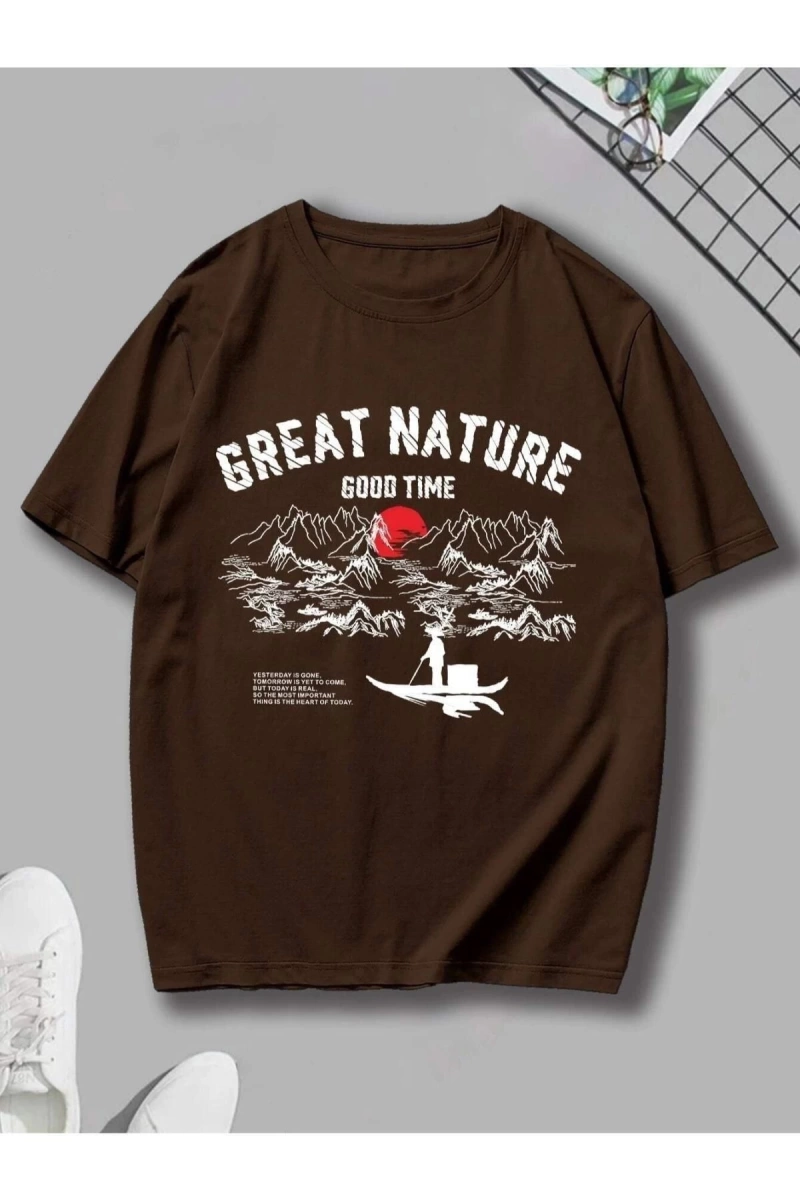 Erkek Kahverengi Great Nature Baskılı Bisiklet Yaka Tişört