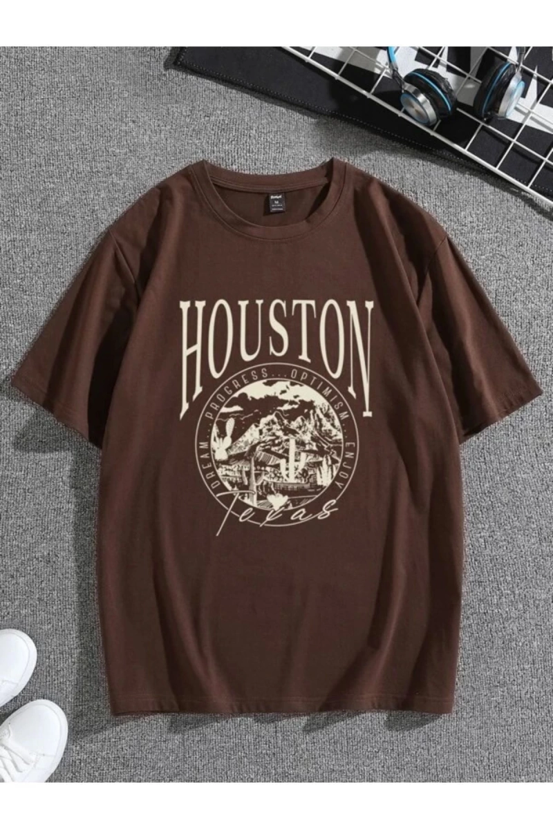 Erkek Kahverengi Houston Baskılı Bisiklet Yaka Tişört