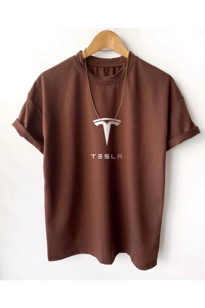 Erkek Kahverengi Tesla Baskılı Tshirt