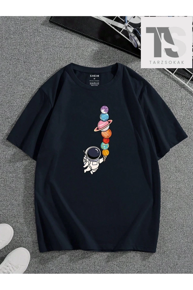 Erkek Karikatür Astronot Baskılı T-shirt