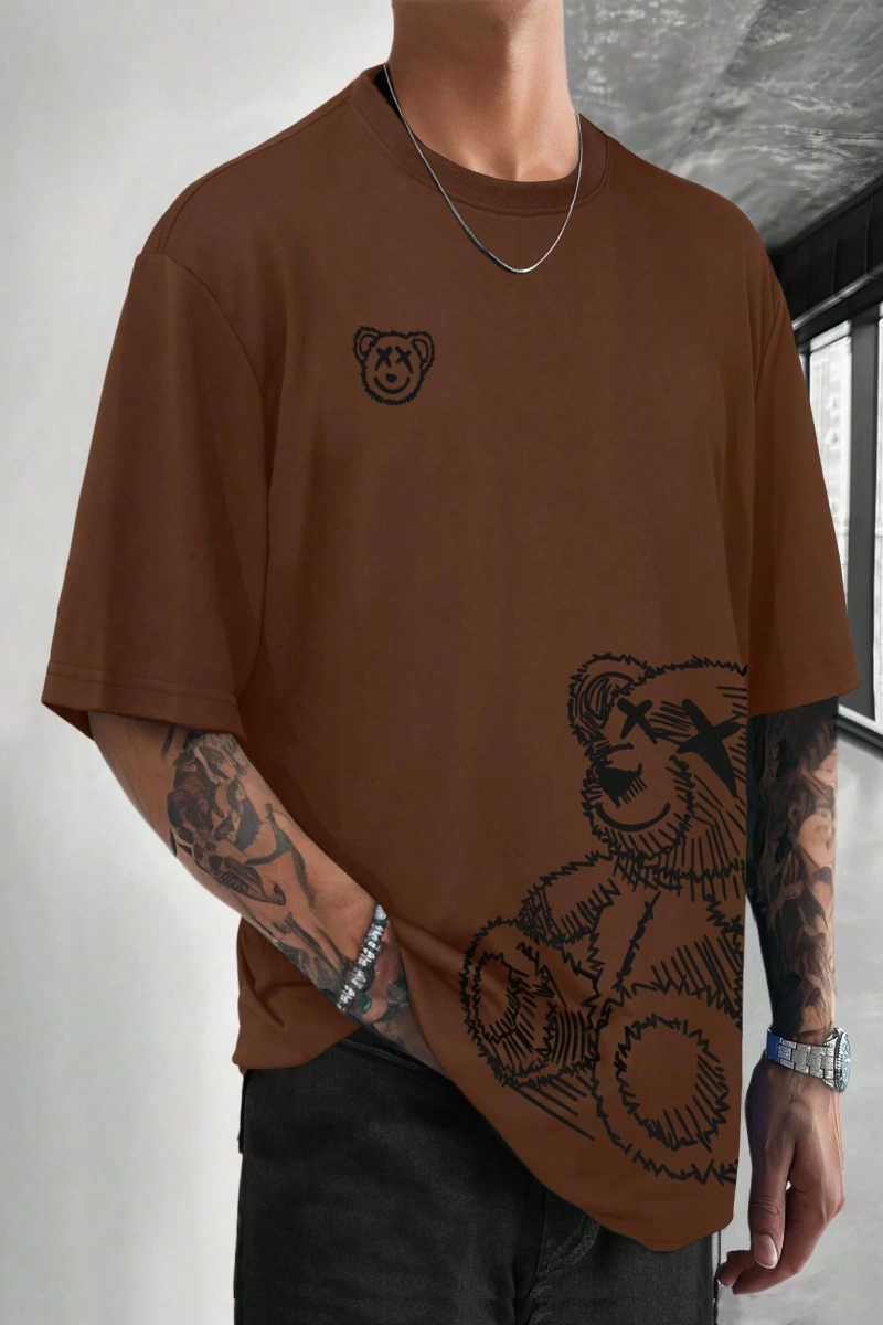 Erkek Karikatür Ayı Grafik Düşük Omuz Büyük Boy Tişört