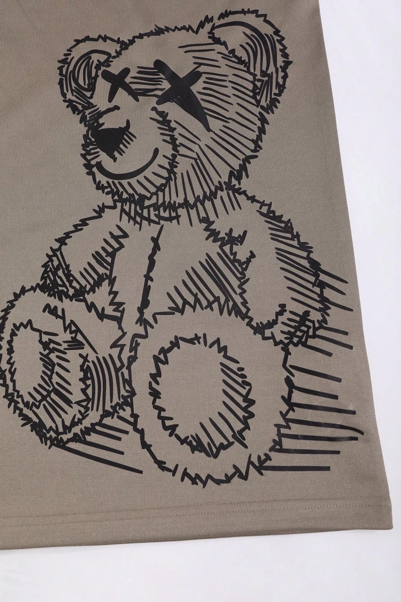 Erkek Karikatür Ayı Grafik Düşük Omuz Büyük Boy Tişört