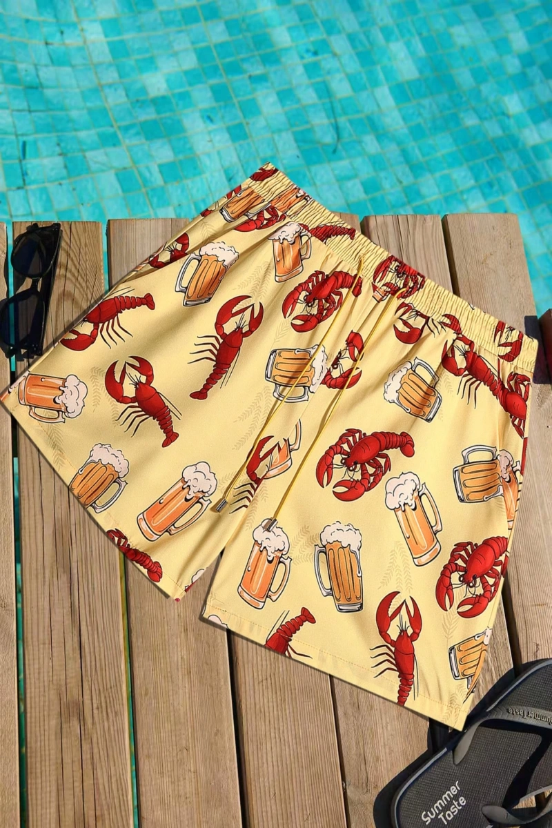 Erkek Karikatür Baskılı Plaj Şortu, Günlük Tatil