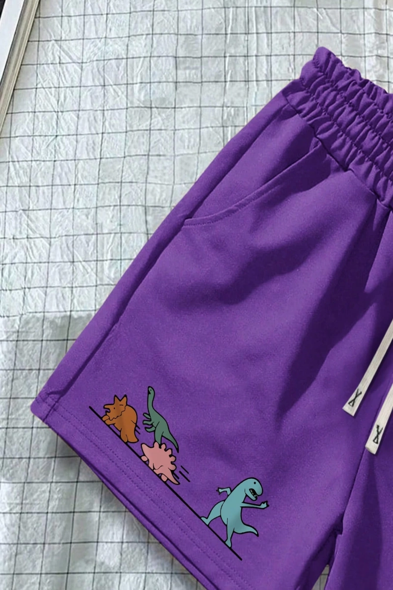 Erkek Karikatür Dinozor Baskılı Bağcıklı Bel Cepli Günlük Şort