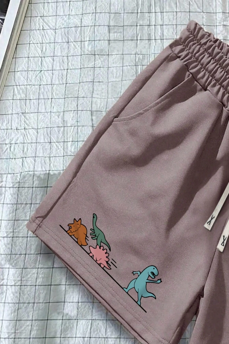 Erkek Karikatür Dinozor Baskılı Bağcıklı Bel Cepli Günlük Şort
