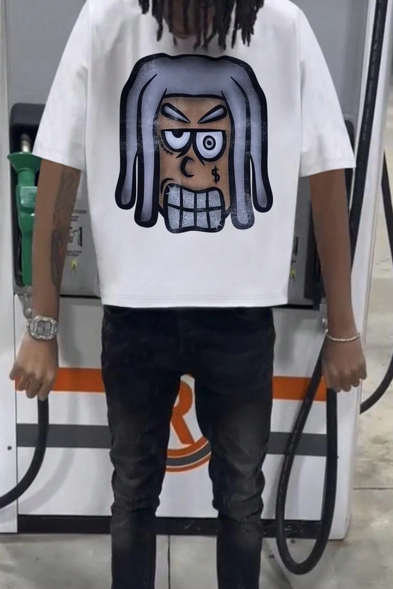 Erkek Karikatür Grafik Yuvarlak Yaka Rahat Kısa Kollu Tişört