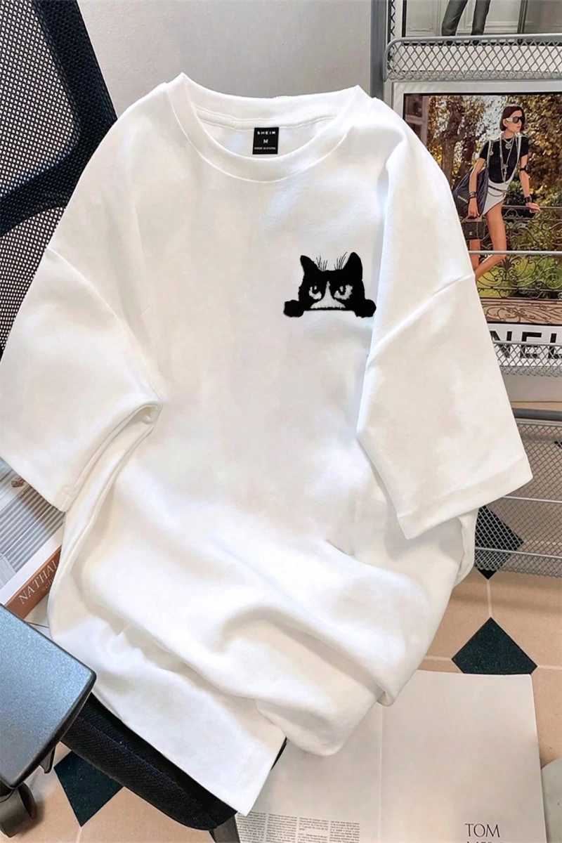 Erkek Karikatür Kedi Baskılı Yuvarlak Yaka Kısa Kollu Günlük Tişört