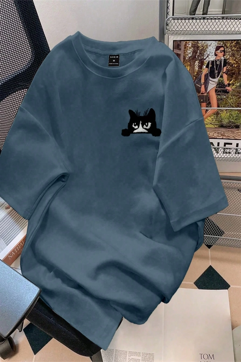 Erkek Karikatür Kedi Baskılı Yuvarlak Yaka Kısa Kollu Günlük Tişört