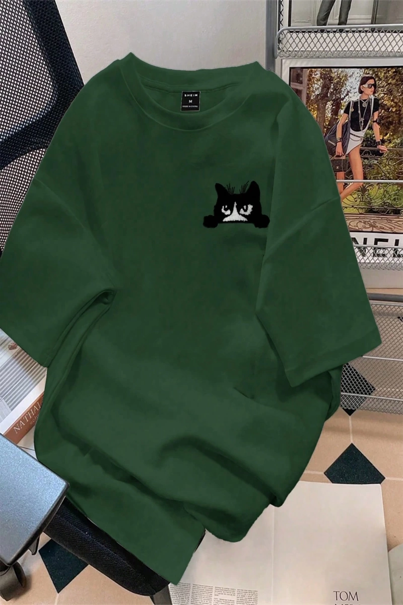 Erkek Karikatür Kedi Baskılı Yuvarlak Yaka Kısa Kollu Günlük Tişört