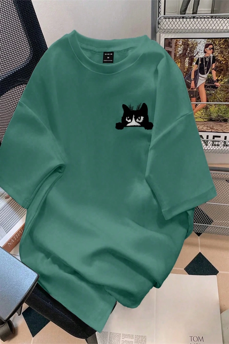 Erkek Karikatür Kedi Baskılı Yuvarlak Yaka Kısa Kollu Günlük Tişört