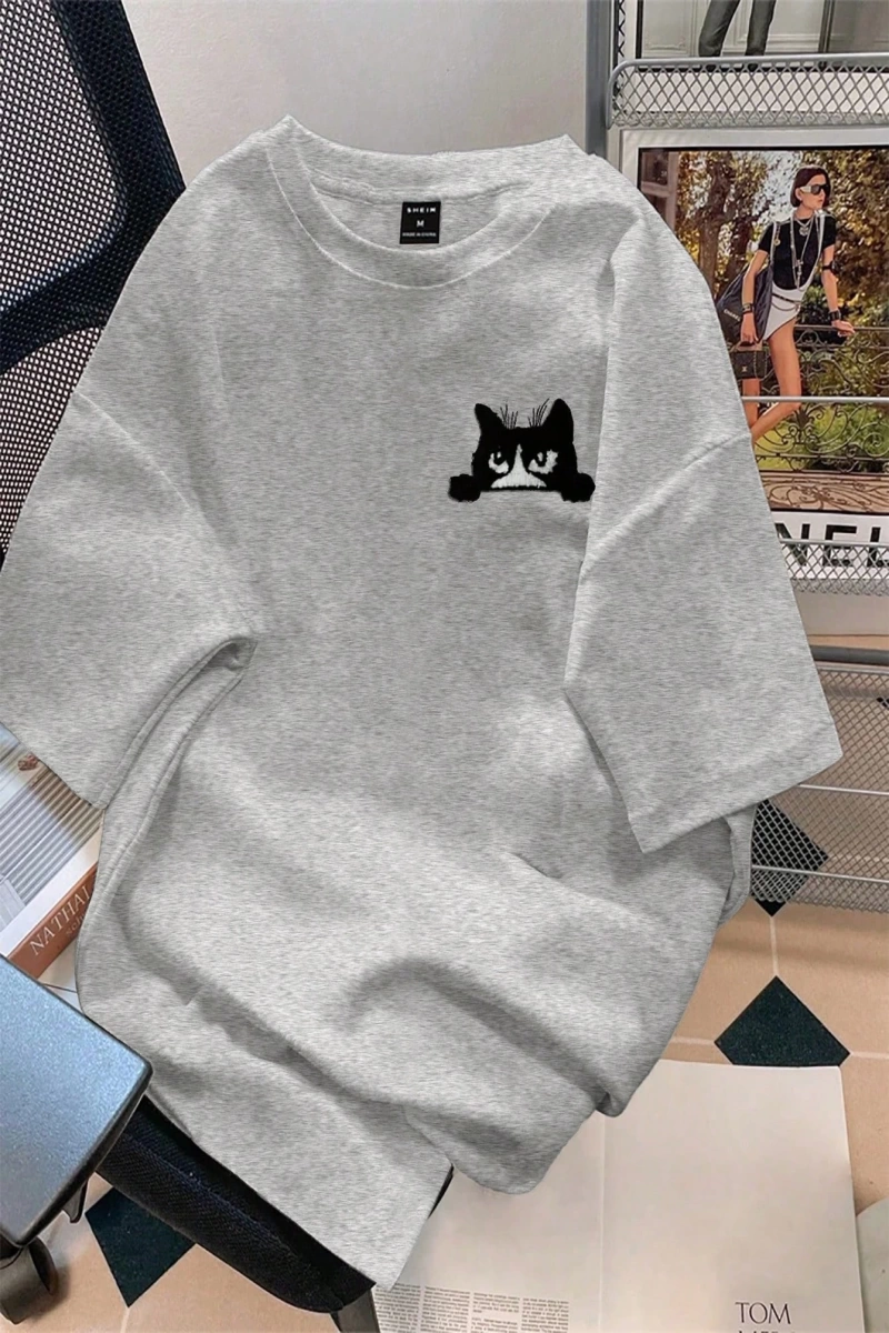 Erkek Karikatür Kedi Baskılı Yuvarlak Yaka Kısa Kollu Günlük Tişört