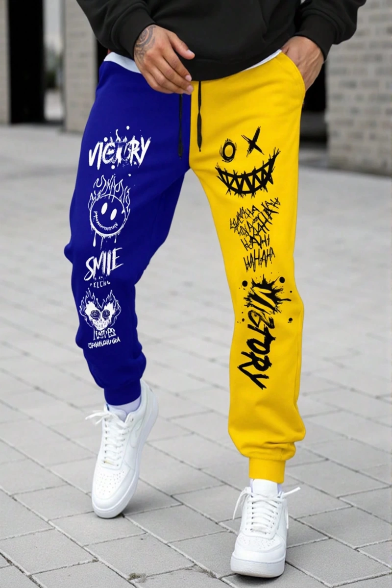Erkek Karikatür Yüz ve Harf Baskılı Bağcıklı Jogger Pantolon