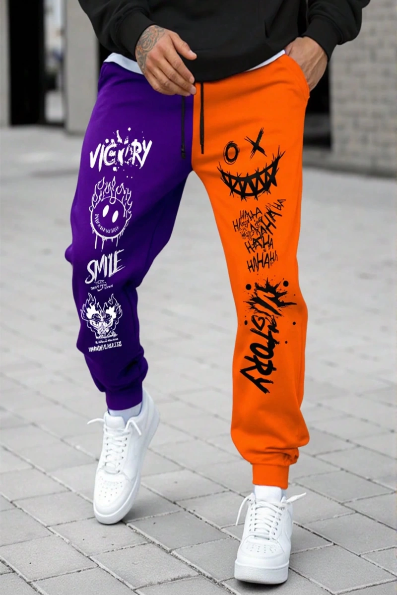 Erkek Karikatür Yüz ve Harf Baskılı Bağcıklı Jogger Pantolon