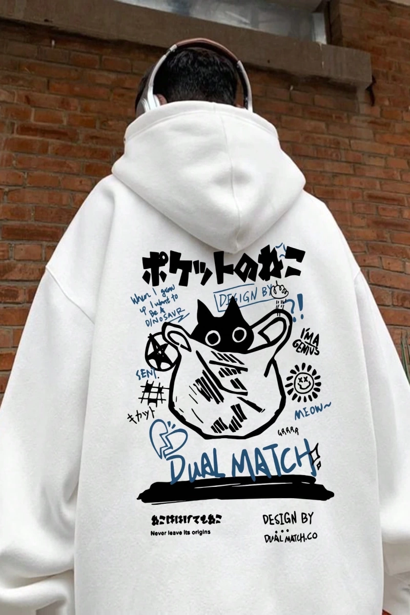 Erkek Kedi Grafik Baskılı Günlük Kazak Polar Kapşonlu Kapşonlu Sweatshirt