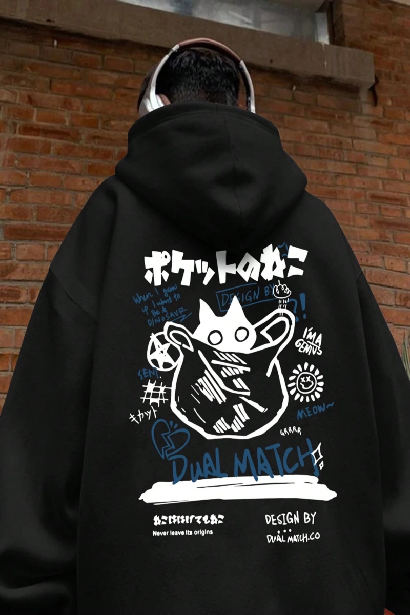 Erkek Kedi Grafik Baskılı Günlük Kazak Polar Kapşonlu Kapşonlu Sweatshirt