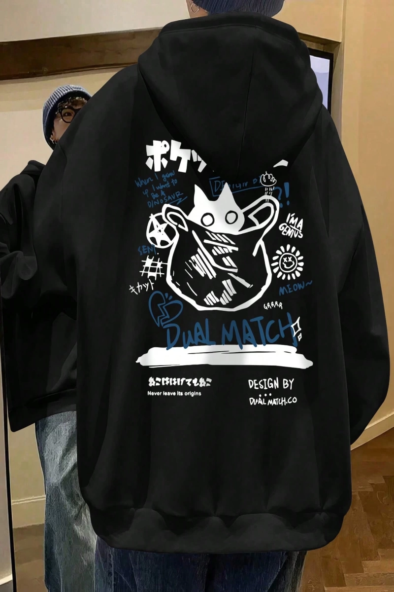 Erkek Kedi Grafik Baskılı Günlük Kazak Polar Kapşonlu Kapşonlu Sweatshirt
