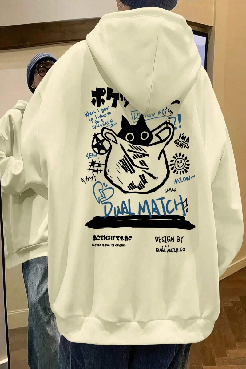 Erkek Kedi Grafik Baskılı Günlük Kazak Polar Kapşonlu Kapşonlu Sweatshirt